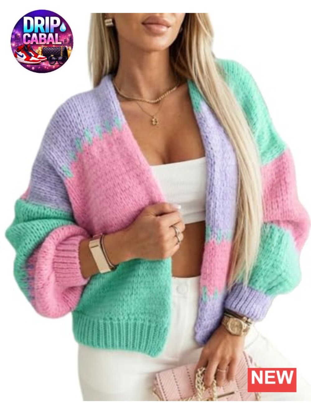 Chunky Knit Open Front Color-Block Cardigan with Ribbed Cuffs